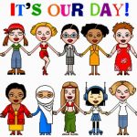 A drawing of women of multiple nationalities in multiple outfits holding hands with the text "It's Our Day!"