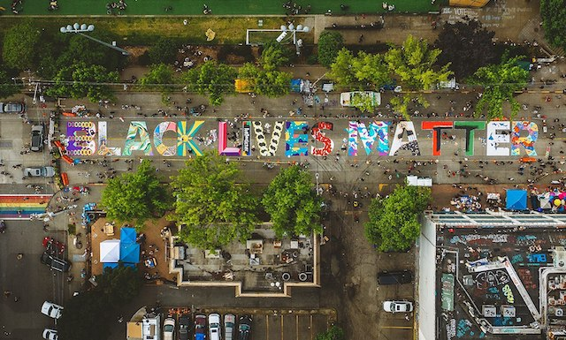 "Black Lives Matter" written on Pine Street in Seattle's Capitol Hill Autonomous Zone.